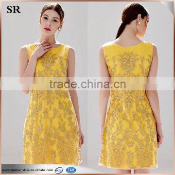 Boat -neck sleeveless gold chiffon ladies gorgeous fashion dress SR- D9793