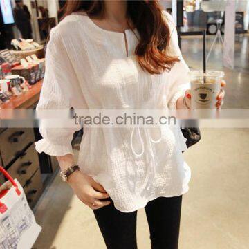 Latest Fashion Cotton and Linen Rond Collar Shirt Flounce Shirt Blouse for Women photo-4