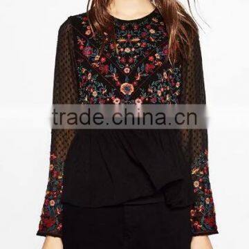 Runwaylover EY2364B Ladies Fashion 2017 Full Embroidery Chiffon Transparent Blouse photo-2