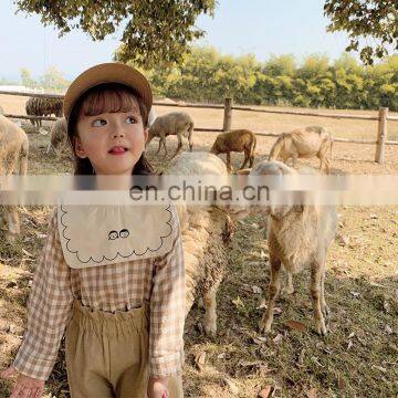 6572/Embroidered Plaid Square Turn-down Collar Girls Shirts High Quality Causal Sweet Top