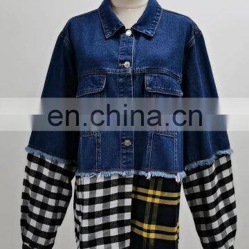 TWOTWINSTYLE Women Denim Jacket Lapel Long Sleeve Plaid Hit Color Tassel Loose Patchwork Autumn