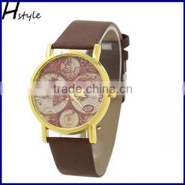 Women's Retro World Map Watch Faux Leather Round Analog Quartz Wrist Watch WP012