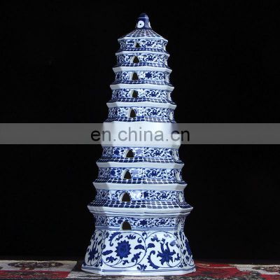 Jingdezhen blue and white ancient ceramic pagoda figurine for decoration