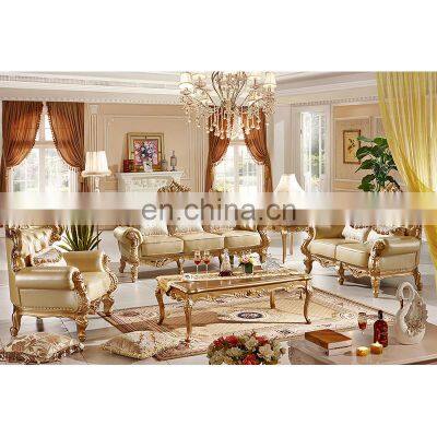 Luxury royal gold carved wood frame real leather antique living room sofa