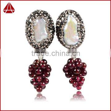 Fresh Water Pearl Earrings, Pearl Jewelry& Garnet With Black Gun Zircon Dangle Red Grapes Stud Earrings