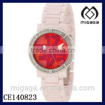 fashion artificial diamond ceramic watches*Women's Ceramic Diamond Accented Red Dial Pink Watches