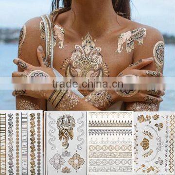 Factory Supply Waterproof Beautiful Women's Tattoo Body Art Flash metallic Temporary Tattoos Gold Stickers