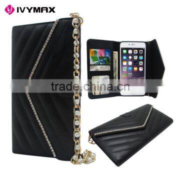 Elegant Ladies Chain Style Design Black Luxury Pouch Leather Wallet Pouch Case Cover with Slots For iphone 6