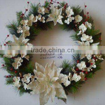 2015 new christmas artificial poinsettia and berry wreath cream 24 inch christmas artificial pine flower christmas decoration