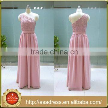 ASAF-03 Floor Length Long Pearls Lace Appliques Chiffon One Shoulder Pink Bridesmaid Dresses