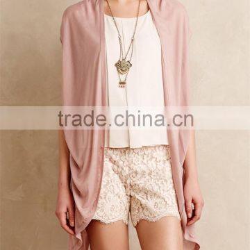 China supplier ladies jersye cardigan, sleeveless assymetrical hem casual cardigan for women SYA15246