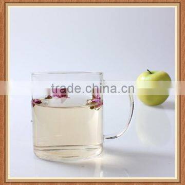 Cheap price China factory wholesale children drinking 300ml clear borosilicate flat glass cup with handle