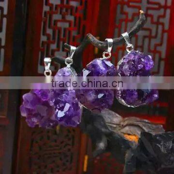 Charming natural geode druzy raw amethyst pendants with gold plated,rough cluster amethyst cluster