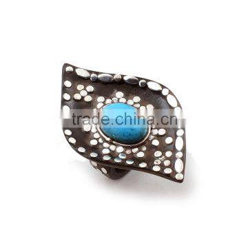 Handmade Ebony Wood Ring With 925 Sterling Silver With Turquoise Oval photo-2