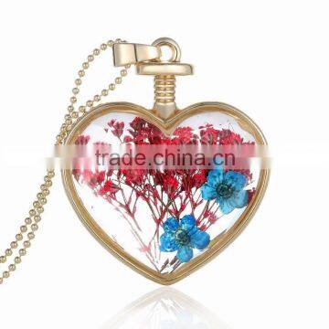 2016 new summer beautiful gold chian real flower jewelry heart pendant crystal women's herbarium necklace