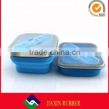 Wholesale square shape foldable silicone lunch containers custom design lunch box with fork and spoon for save kitchen space