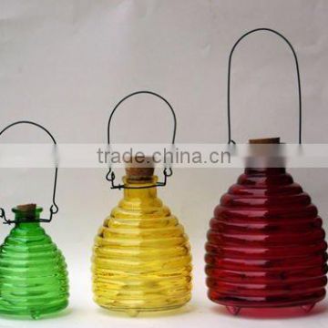 3 size hanging glass bee catcher with cork stopper, colored glass wasp trap