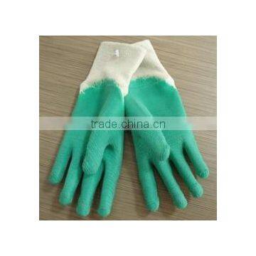 green latex garden glove,crinkle finish,open back, knit wrist,