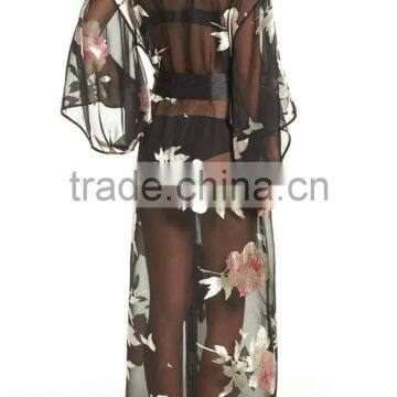 Luxurious Women Clothing High Quality Romantic Cover up Summer Sheer Chiffon Rose Printed Robe Cover up Cardigan for Beach Wear photo-3