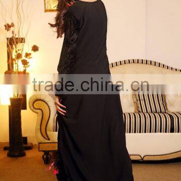 Fashion Designer Winter Front Neck Embroidery Designs For Long Kurtis With Velvet Sleeves Pakistani Style HSD7739 photo-5