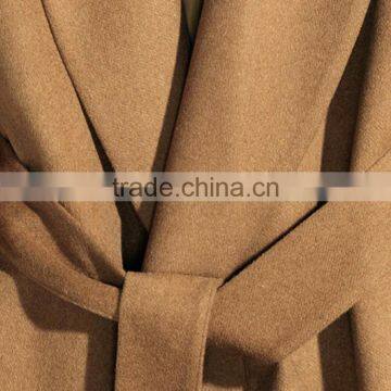 HAODUOYI Winter Women Light Tan Pockets Belt Front Trench Coat V Neck Long Line Woolen Coat photo-3