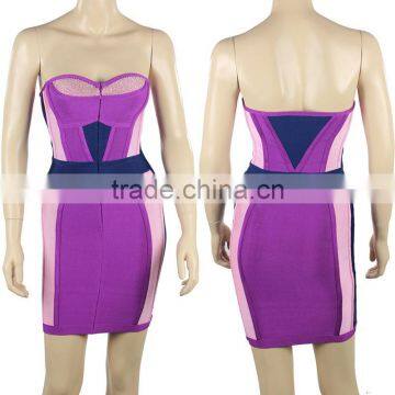 HL Beaded Rayon Sexy Purple Color Block Strapless Geometric Bodycon Women Celebrity Bandage Dress photo-5