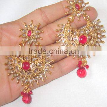 Pink Polki Gold Tone Dangler EARRING Pair photo-2