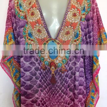 Purple digital crystal embellished kaftan CAFTAN tunic poncho blouse