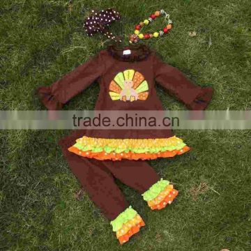 2T-7 new baby girls thanks giving pant outfits turkey boutique outfits matching hair bows and chunky necklace set