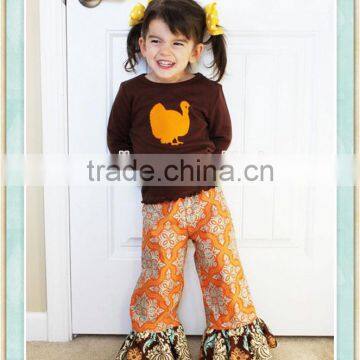 Little Girl Thanksgiving Outfit Ruffled Pants T-Shirt Brown Long Sleeve Terkey Floral Ruffle Pants Boutique Outfit Set
