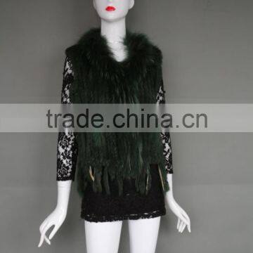 Competitive price deep green raccoon fur collar knitted waistcoat rabbit fur vest with hood