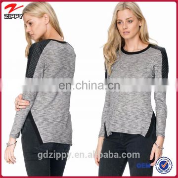 Ribbed contrast neckline and trims long sleeves wholesale knitted fashion blouse with quilted