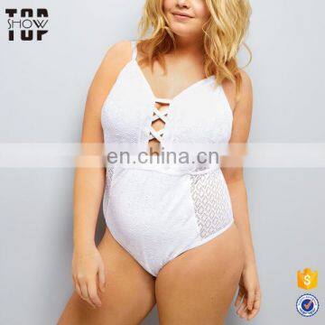 Clothing white crochet swimsuit lace lattice front swimwear woman plus size swimsuit