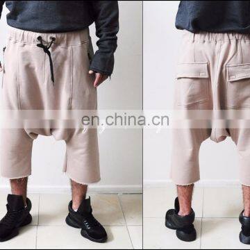 Sand Colour Biker Drawstring Terry Short Raw Hem Shadow Shorts with a Drop Crotch and Tapered Leg