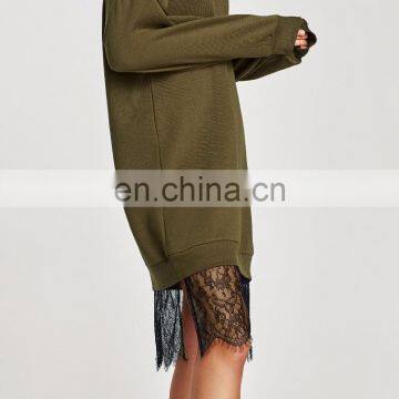 Custom Brand Fashion Women Clothing O Neck Lace Hem Hoodies Oversized Sweatshirt Dress