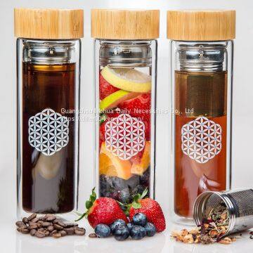 Double Wall Eco Pyrex Borosilicate Glass Tea Filter Infuser Drinking Water Bottle With Top Bamboo Lid photo-2