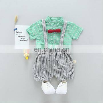 2018 New Fashion Suspender Suit Stripe Short Sleeve Bowknot Summer Cotton Baby Boy Outfits