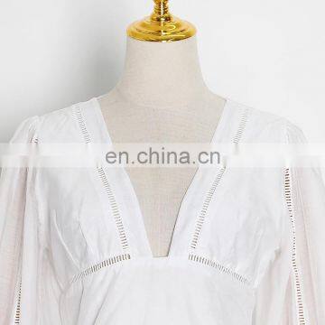 TWOTWINSTYLE Patchwork Ruffle Dress For Women V Neck Lantern Sleeve Hollow Out Elegant White Dresses photo-4