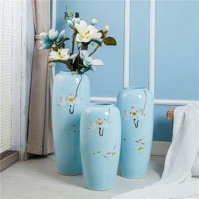 Hand Paint Countryside Style Lotus Flower Large Blue Ceramic Vase Decoration For Wedding Gift photo-2