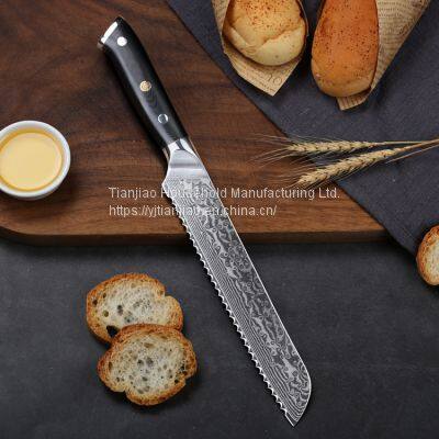 Triple Rivet Collection 8 Inch 67 Layer Damascus Stainless Steel Bread Knife With Black G10