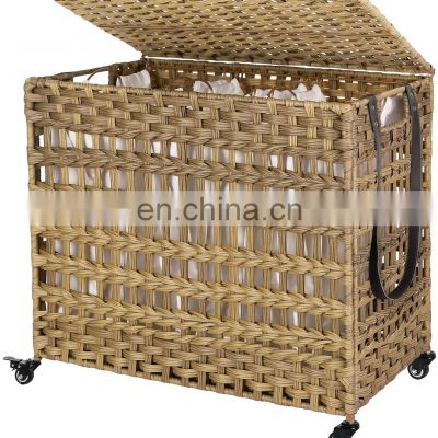 Dirty clothes on wheels portable bathroom children's hand-woven plastic rattan 3 compartment laundry fabric basket