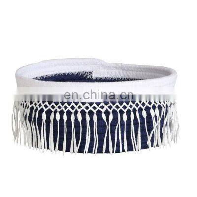 Hot Sale Cute Cotton Woven Storage Basket With Macrame Tassels, Hand Woven Cosmetics Basket photo-3