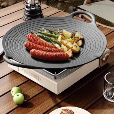 Korean BBQ Grill Pan, Nonstick Stovetop Grill Plate With Handles, Cast Iron Round Griddle Pan Indoor Outdoor Grilling 11.8in photo-4
