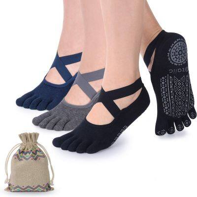 Yoga Socks for Women with Grips, Non-Slip Five Toe Socks for Pilates, Barre, Ballet, Fitness