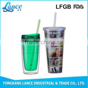 16OZ 20OZ PS/AS double wall hard plastic cup with lid and straw