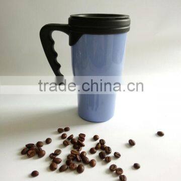 2014 selling well double wall plastic coffee cup with lid and handle