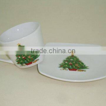 Porcelain Espresso Coffee Cup and Saucer with Lovely Christmas Tree Design