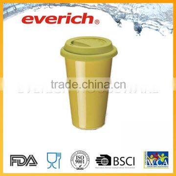 Double wall custom ceramic coffee mug with silicone lid