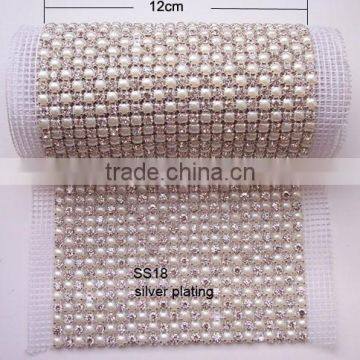 (M0458) 24 row crystal and pearl mesh trimming with SS 18 stones in silver or gold plating,MOQ:1yard