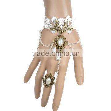 Elegant White Gothic Pearl Ring Chain Lace Wrist Bracelet Women Fashion